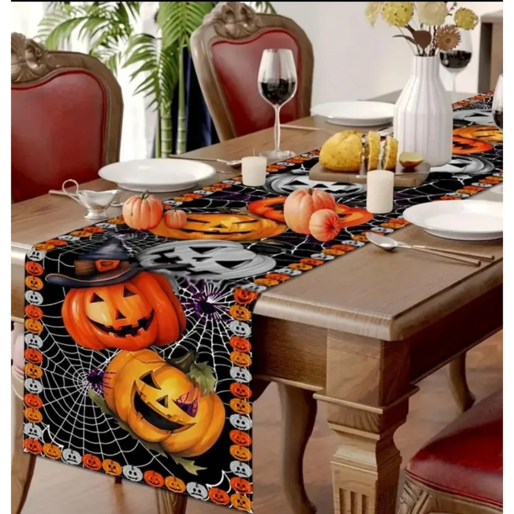 Table Runner Halloween Pumpkin Black Orange 72 in